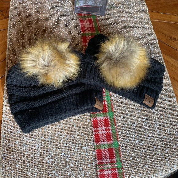 CC Beanies Black with Tans Pom Poms on top. - Picture 2 of 2